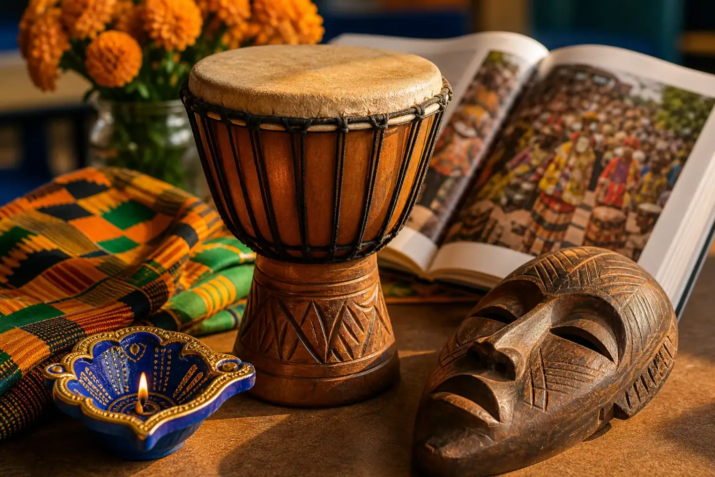 A hand-carved djembe drum, a lit blue and gold diya lamp, folded kente cloth and a carved wooden mask arranged on a school table beside an open book of festival photographs.