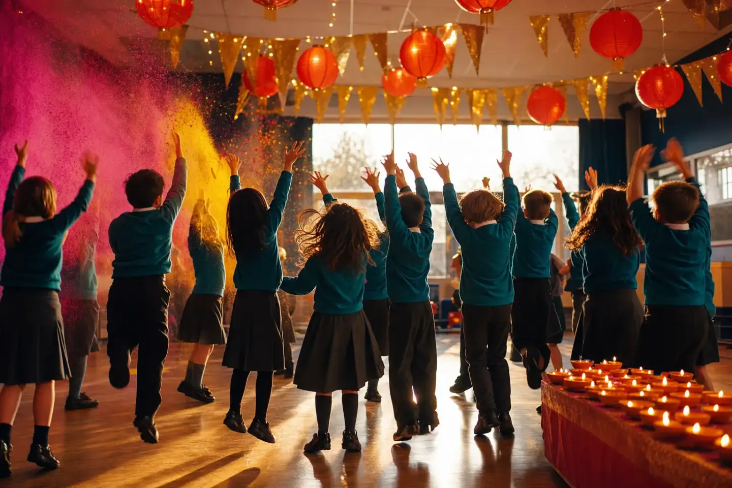Primary pupils sitting on a classroom carpet with their hands raised, facing a wall of colourful cultural displays.