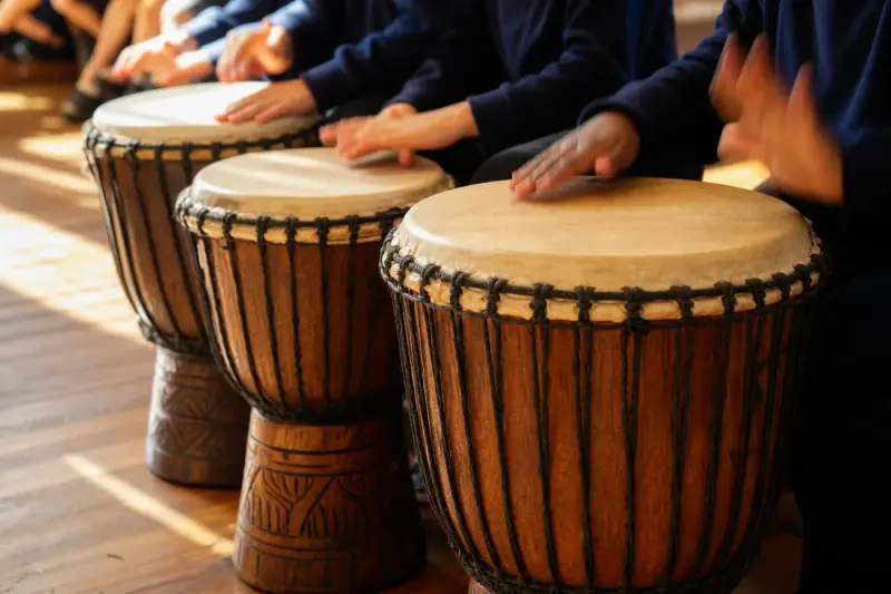 Close view of hands striking the goatskin head of a djembe drum, with more drums in a row behind.