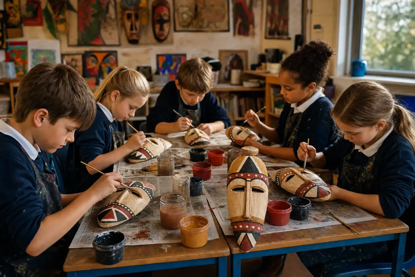 Pupils at a classroom table painting bold geometric patterns onto blank mask forms, paint pots and brushes between them.