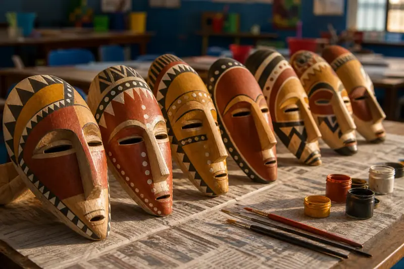 A finished pupil mask on a table, painted in ochre, black and white geometric pattern, with brushes and paint beside it.