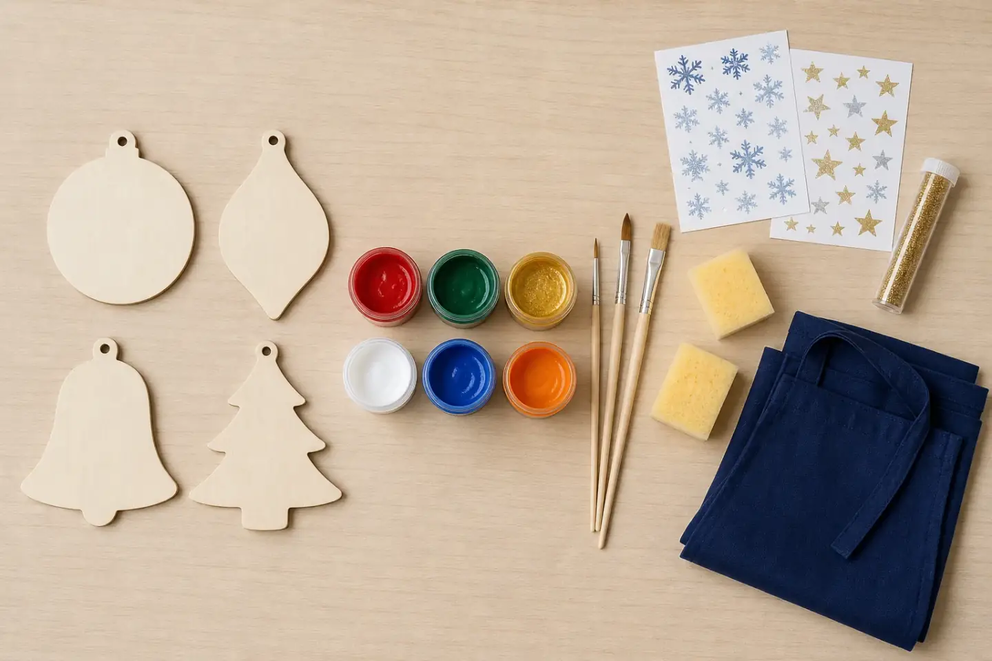 The contents of one kit laid out on a table: plain wooden bauble shapes ready to paint, pots of colour, brushes, sponges, a folded apron, sheets of festive stickers and a tube of glitter.