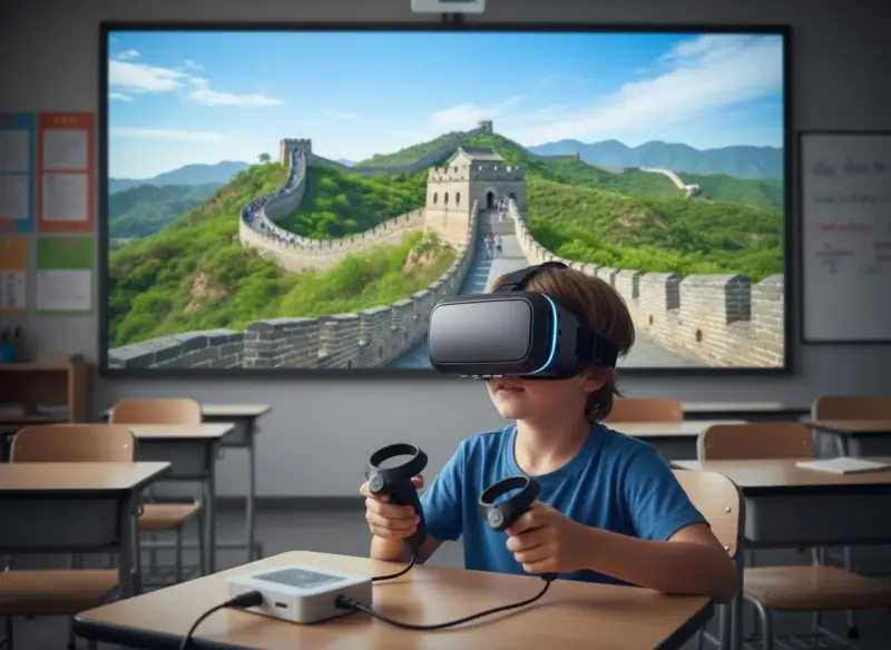 A pupil seated at a classroom desk in a VR headset, holding a controller in each hand, with the Great Wall of China running across the large screen on the wall behind him.
