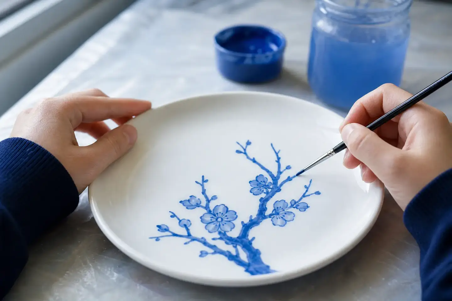 A finished pupil plate resting on a covered table, a painted centre motif ringed by a dotted pattern in two colours, a fine brush laid beside it.