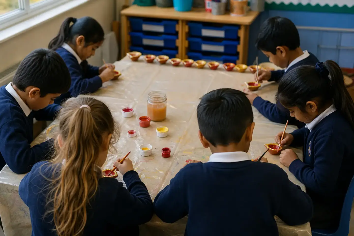 Pupils at covered classroom tables painting small terracotta clay lamps, seen over their shoulders, with paint pots between them and finished diyas drying in a row.