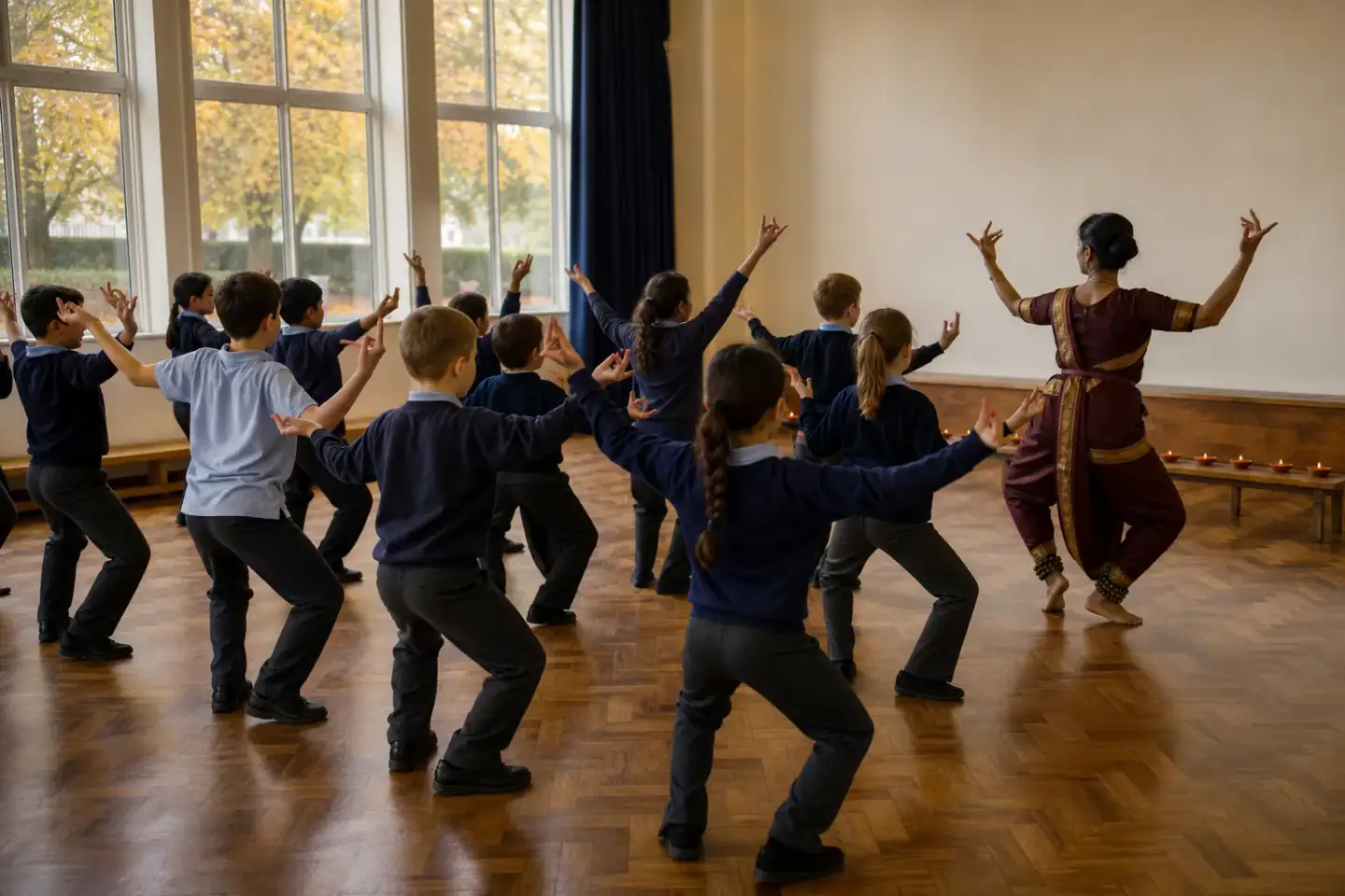 Pupils in school uniform mid-sequence in a school hall, arms raised in a hand gesture, following a facilitator in Indian classical practice dress, with a row of clay diyas on a bench along the wall.