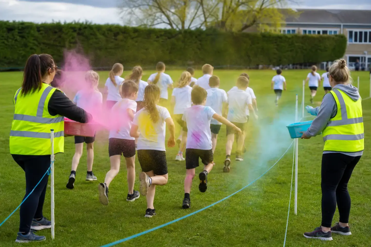Pupils in PE kit running past a colour station on a school field, photographed from behind, with a low haze of pink and yellow colour powder in the air behind them.
