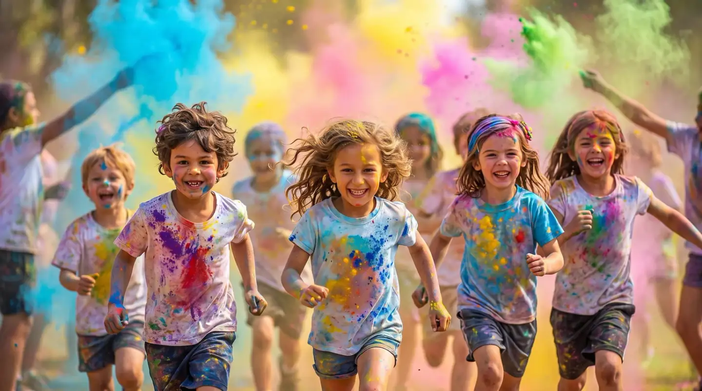 Primary-age children running towards the camera on a school field, laughing, their white t-shirts covered in splashes of pink, blue, yellow and green colour powder, with clouds of colour hanging in the air behind them.
