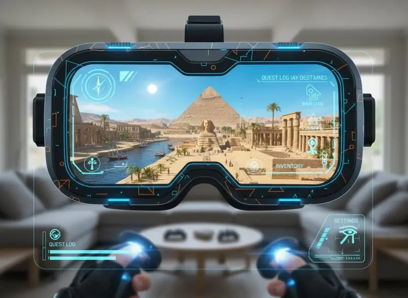 A VR headset shown close up, its lens filled with a view over ancient Egypt: the Great Pyramid and the Sphinx above a palm-lined Nile with sailing boats, and a pair of hands holding the controllers below.