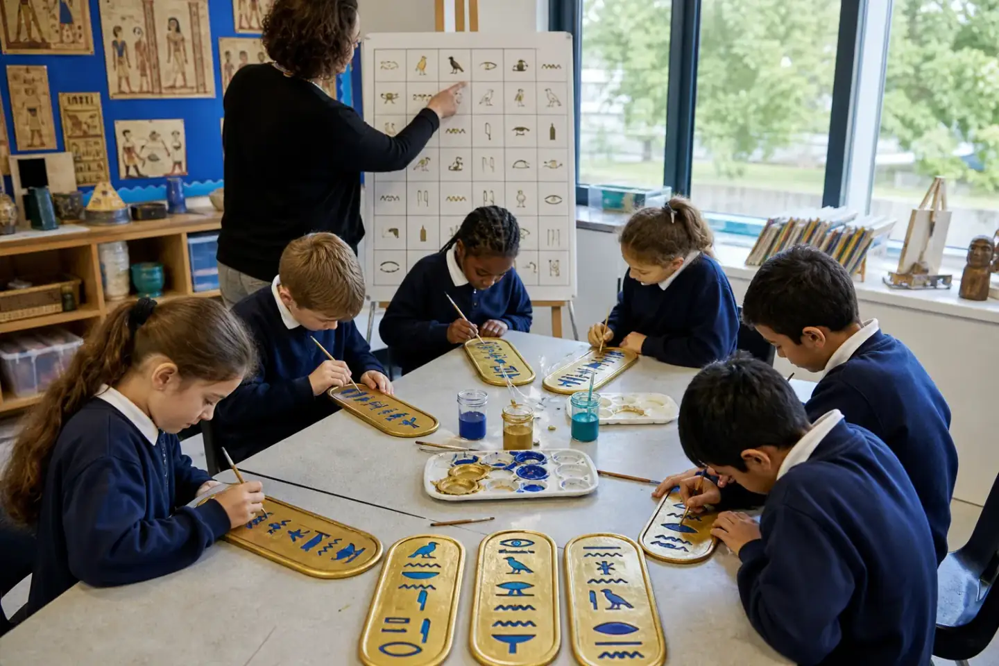 Pupils painting hieroglyphic signs onto cartouches at a covered classroom table, hieroglyphic example sheets and pencils spread out beside them.