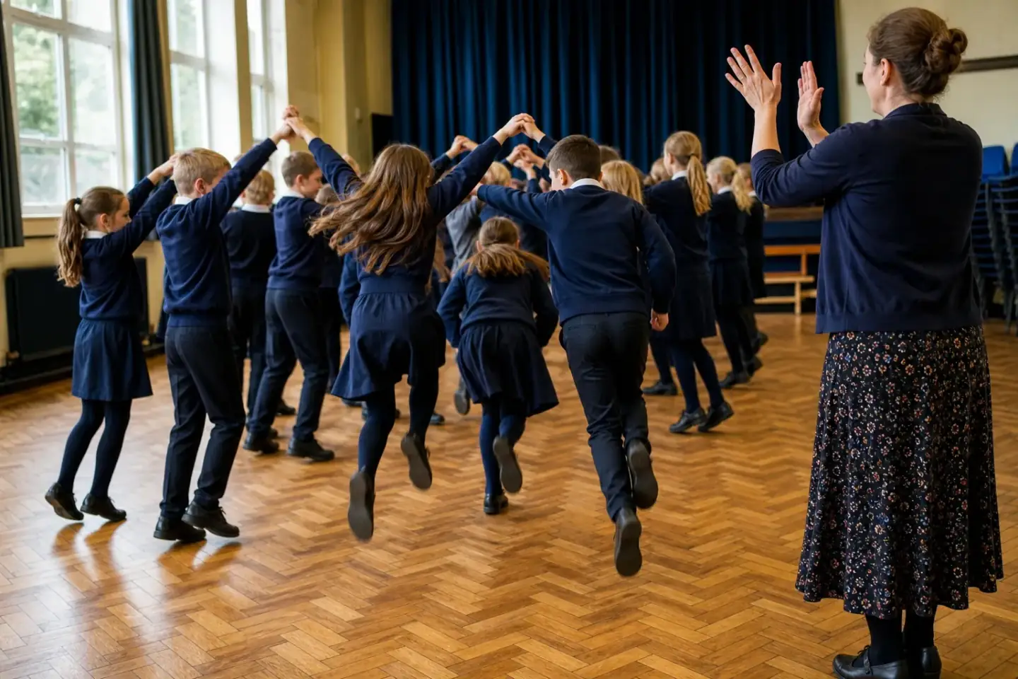 Pupils in PE kit dancing in a school hall with upright posture and arms held at their sides, mid-step, following a facilitator at the front.