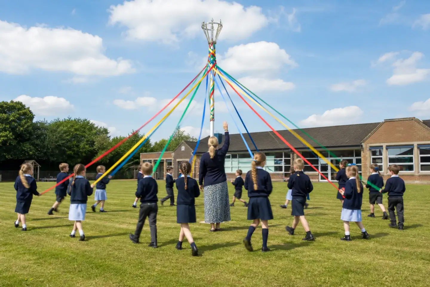 Pupils in PE kit holding coloured ribbons out from a portable maypole on a school field, walking round it in step with a woven pattern forming at the top of the pole.