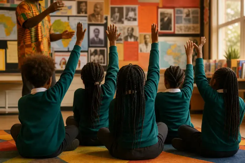 Primary pupils sitting on a classroom carpet with hands raised, facing a wall display of archive portraits and a map of Africa.