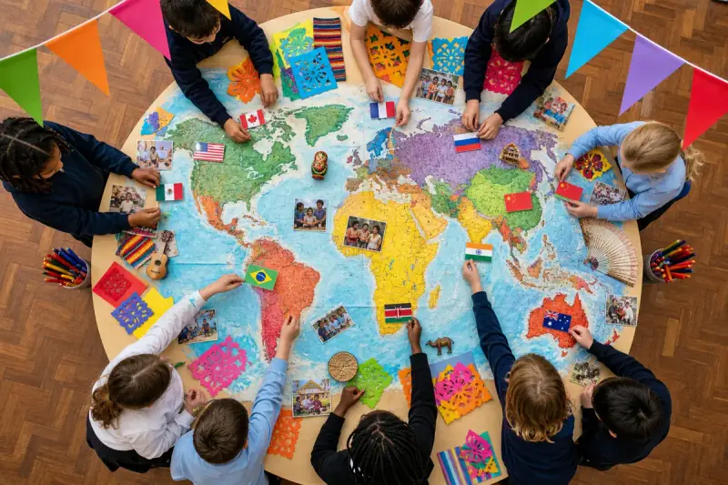 A world map, pupils' handwritten notes and objects from several cultures laid out side by side on a classroom desk.
