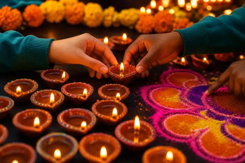 Rows of lit clay diya lamps beside a chalked rangoli pattern in bright coloured powders.