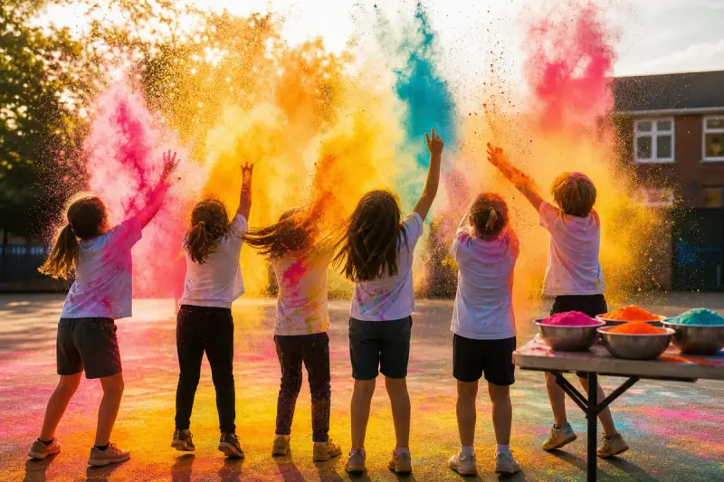 Bowls of vivid pink, yellow and blue Holi colour powder with a scattering of pigment across the surface.